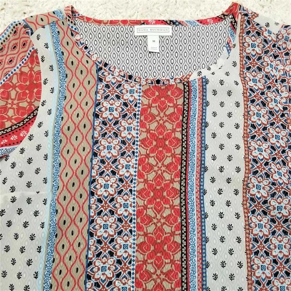 Top, Blouse. Red, Tan, Blue, White, Multi Print. Dana Buchman Brand. - Picture 12 of 16
